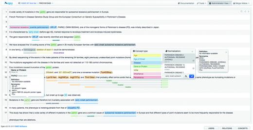 Egas annotation interface illustrating the addition of a new concept annotation of type ‘Disease’, and its normalization to an OMIM concept. A concept information tooltip is shown when hovering the mouse pointer over an existing annotation.