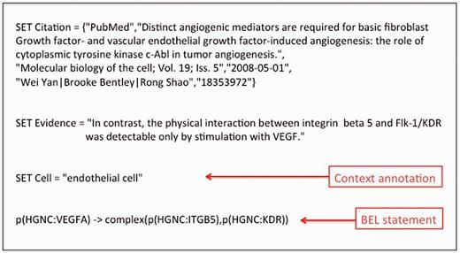 An example of a BEL statement with the associated context information.