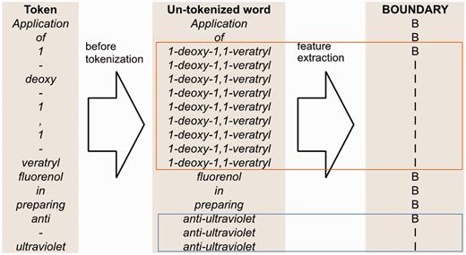 An example of boundary feature for the sentence ‘Application of 1-deoxy-1,1-veratryl fluorenol in preparing anti-ultraviolet’.