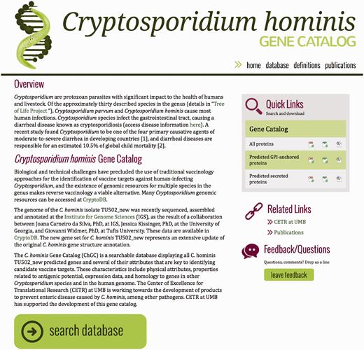Cryptosporidium hominis gene catalog (ChGC). The landing page includes an overview of ChGC and links to related information and resources. Several data subsets are readily available for download (right hand bar), and the full dataset can be further queried with user-selected criteria (bottom button). Direct links to the definition of each criterion, as well as related publications, are also available (top right).