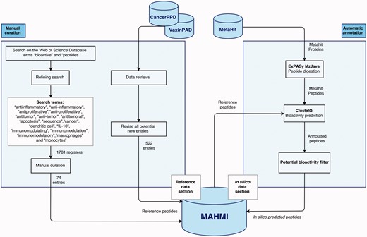 Data sections and curation workflow. The curation workflow is divided into two processes: manual curation and automatic annotation.