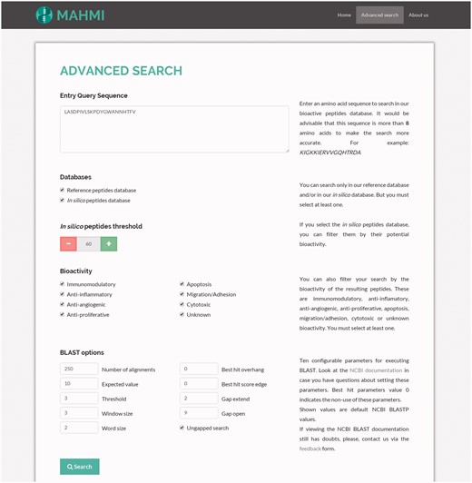 Snapshot of the advanced search. The query sequence is ‘LASDPIVLSKPDYGWANNHTFV’ and both data sections are searched, with the following custom BLAST options: threshold set to 3, window size set to 3, word size set to 2, gap extend set to 2, gap open set to 9 and ungapped search selected.