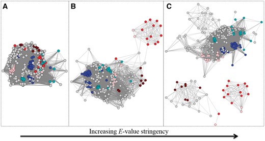 Example of an SSN (node colour represents UniProtKB annotated EC number: brown is EC 1.16.1.9, pink is EC 1.16.1.7, red is 1.16.1.-, blue is 1.6.3.- and cyan is 1.11.1.-) at three different E-value threshold cut-offs for drawing edges. Each node in the SSN represents one full–length sequence from the Ferric Reductase Domain SF (http://sfld.rbvi.ucsf.edu/django/superfamily/52/). (A) E-value threshold = 1e-6, (B) E-value threshold = 1E-20, (C) E-value threshold = 1E-30. At each successively more stringent threshold, the number of edges decreases and the different functions start to separate relative to (A).
