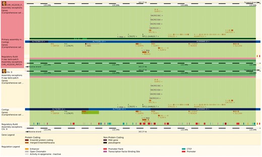 The Ensembl web browser can display the differences between a patch region and its equivalent in the primary assembly. Genes that are present in both regions are identified as alt_alleles. (http://e87.ensembl.org/Homo_sapiens/Location/Multi?db=core;g=ENSG00000175164;r=CHR_HG2030_PATCH:133174055-133504218;r1=9:133173980-133504143:1;s1=Homo_sapiens–9).