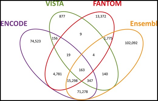 GeneHancer candidate enhancers. Venn diagram of the 284 834 candidate enhancers, split by the sources reporting each enhancer. Pairwise comparisons statistics (P, Fisher’s exact test P-value; OR, odds ratio; C, Clusters count): ENCODE–Ensembl (P = 8.1 × 10−319; OR = 19.6; C = 87 086), ENCODE–FANTOM (P = 1.9 × 10−319; OR = 17.1; C = 20 261), ENCODE–VISTA (P = 1.9 × 10−140; OR = 3.6; C = 685), Ensembl–FANTOM (P = 1.9 × 10−319; OR = 9.8; C = 17 240), Ensembl–VISTA (P = 5.8 × 10−136; OR = 3.5; C = 654), FANTOM–VISTA (P = 1.1 × 10−51; OR = 4.1; C = 195).