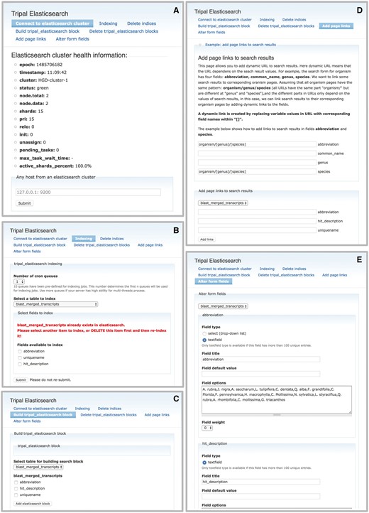 The Tripal Elasticsearch module administrative pages provide centralized control of data indexing and construction of search interfaces. (A) The module first needs to be connected to a running Elasticsearch cluster. (B) The user may opt to index the entire site by selecting ‘index_website’ or select individual tables and fields from the database. The index jobs are automatically launched via cron. (C) Based on available search indexes, a search form can be built and placed in a Drupal content block for display to users. (D) For each search block, the search results are linked to site content by constructing custom URLs (universal resource locator). The administrative page gives an example of how to use search results as tokens in the construction of URLs. (E) The search form can be customized for the best final user experience.