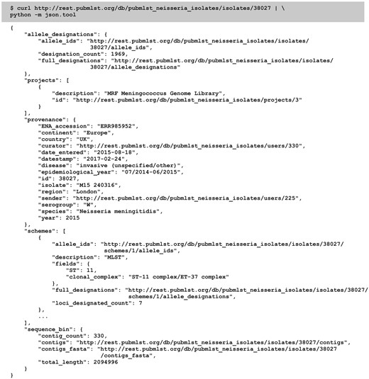 Retrieving an isolate record. A HTTP GET call to http://rest.pubmlst.org/db/{database}/isolates/{isolate_id} can be used to return an isolate record (highlighted – database configuration name and isolate id number are substituted for the variables). The abbreviated response (not all scheme data is shown) is piped through the Python json.tool to format it for readability.