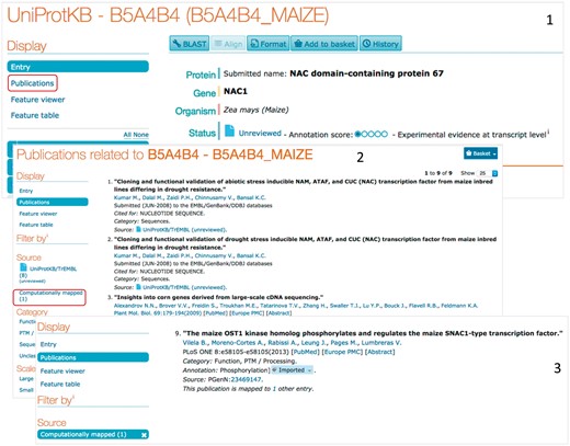 Access to UniProt computationally mapped bibliography. (1) The UniProt entry contains a menu with access to all publications (those in the UniProt entry and those computationally mapped). (2) The publication page can be filtered out based on topics and/or source. (3) Filtering with source: ‘computationally mapped’ display the articles mapped from external resources, including eGenPub.