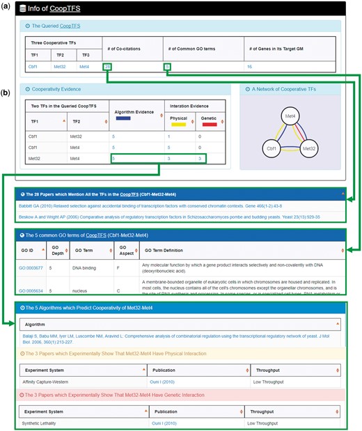 The result page of the first search mode (I). The result page consists of five parts. The first two parts are as follows. (a) For the chosen CoopTFS, the names of the TFs, the number of co-citations of these TFs, the number of common GO terms of these TFs, and the number of genes in its target GM are provided. (b) A network of cooperative TFs for the chosen CoopTFS is constructed. An edge between two TFs exists if these two TFs have physical interaction, genetic interaction or predicted cooperativity (from existing algorithms).
