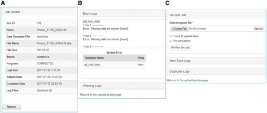 Sections of an uploading job detail page in MCL. (A) A table shows the details of the uploading job. (B) A window that shows error logs. (C) A section where users can re-run the job after fixing any errors. New data logs show any new data that have been uploaded and the duplicate logs show any data in the template that already exist in the database.