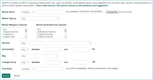 Search page for markers in GDR. Users can search markers by name, type, species, aligned genome positions, genetic map positions and associated trait names.