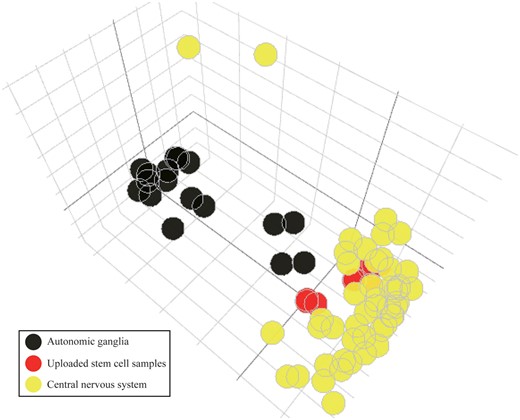 The PCA plot of stem cells and other cell lines in brain. The samples of human fetal brain neural stem cells from GSE93385 are shown in red. The cell lines from the central nervous system (yellow) and autonomic ganglia (black) are illustrated using different colors.