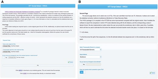 (A) First panel of VHICA interface available for HTT detection through the HTT-DB database. Two optional (Gene Files and TE Files) and one optional box (Phylotree File) for files upload are available as well as an example of all those files used in the original VHICA paper (Wallau et al. 2016). (B) Second panel of VHICA interface. Here, the user can select one, a set of or all TEs for run VHICA. Since VHICA performs multiple comparisons there are two correction methods available for the user choice: Bonferroni and False Discovery Rate. TE divergence rate can be added, and then VHICA will estimate the HT time in Mya. User can also choose if they want to plot the results only for hosts’ species which presented a given TE or maintain all the other species in the plotting step.
