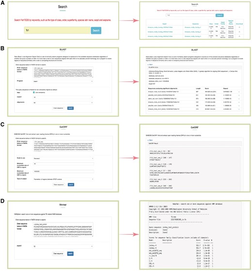 Snapshots of different functional sections provided in FishTEDB. (A) Screenshot of a keyword search results; (B) BLAST interface and a sample of BLASTn results; (C) GetORF interface and output results; (D) HMMER interface of a test protein sequence in FishTEDB.