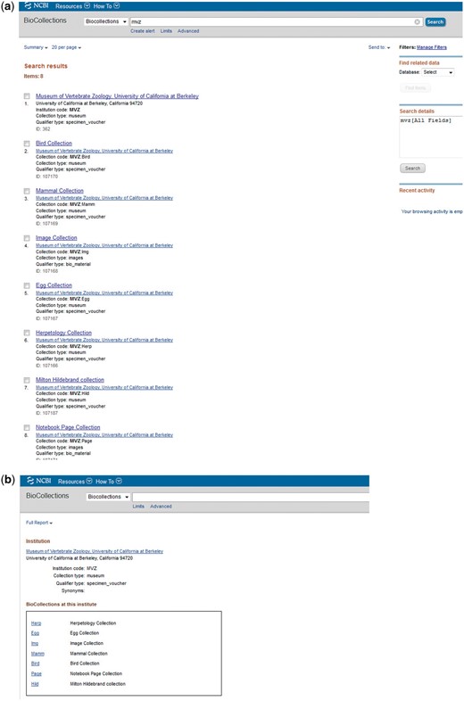 Screenshot of BioCollections search page. (a) Showing result for institution code MVZ. (b) Biocollections Database entry for MVZ.