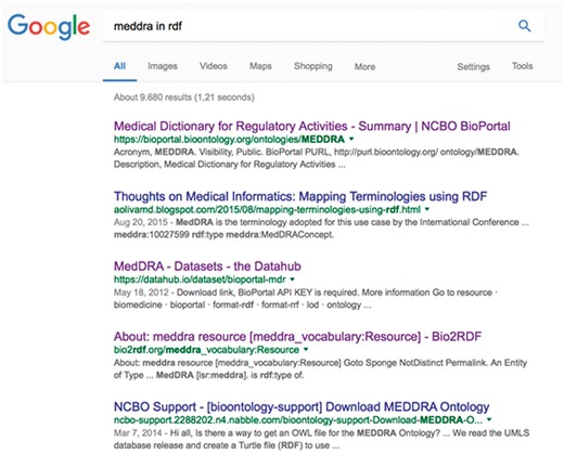 The ranked list obtained by searching Google for ‘MedDRA in RDF’.