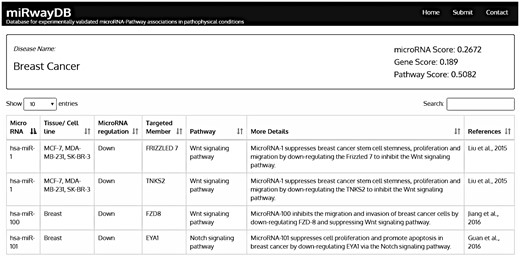 Search output of miRwayDB.