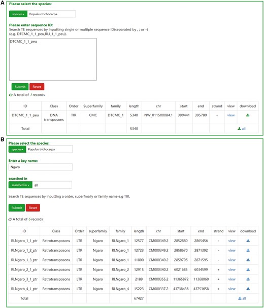The user interface of searching in SPTEdb. (A) The interface of ‘search by ID’ and the result of a sample. (B) The interface of ‘search by family’ and the result of a sample.