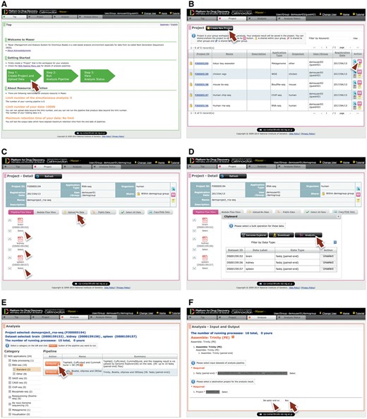 Maser web interface. (A) Maser front page. Three green block arrows indicate the main steps to start the analysis. Step 1: Create project and upload data (red arrow), Step 2: Run analysis pipeline, Step 3: View analysis status. (B) Project page. Arrow indicates button to create new project and arrowhead indicates icon to share the project with collaborators. (C) Project Room view. Upload data files (arrow) and select files used for the analysis (arrowheads). (D) By clicking “Analysis” in the new window (arrow), the Maser screen automatically moves onto a list of analysis pipeline (E). (F) Option setting screen. There are two buttons, ‘Run’ to start the analysis (arrow) and “Set option and run” (arrowhead) to change the option setting. (G) Analysis status page. The Request ID (arrow) is assigned to each analysis. Arrowhead indicates ‘Reanalysis’ icon to repeat the analysis. Clicking the Request ID shows details of the analysis (H). (I) A representative example of RNA-seq pipeline analysis results, ‘TopHat2, CuffLinks2 and CummeRbund + GE’. This pipeline produces an html report that contains output files from all the embedded tools (e.g. TopHat, Cufflinks, CummeRbund) and visualized mapping results on GE (see Figure 3).