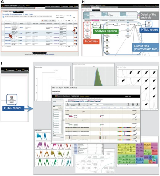 Maser web interface. (A) Maser front page. Three green block arrows indicate the main steps to start the analysis. Step 1: Create project and upload data (red arrow), Step 2: Run analysis pipeline, Step 3: View analysis status. (B) Project page. Arrow indicates button to create new project and arrowhead indicates icon to share the project with collaborators. (C) Project Room view. Upload data files (arrow) and select files used for the analysis (arrowheads). (D) By clicking “Analysis” in the new window (arrow), the Maser screen automatically moves onto a list of analysis pipeline (E). (F) Option setting screen. There are two buttons, ‘Run’ to start the analysis (arrow) and “Set option and run” (arrowhead) to change the option setting. (G) Analysis status page. The Request ID (arrow) is assigned to each analysis. Arrowhead indicates ‘Reanalysis’ icon to repeat the analysis. Clicking the Request ID shows details of the analysis (H). (I) A representative example of RNA-seq pipeline analysis results, ‘TopHat2, CuffLinks2 and CummeRbund + GE’. This pipeline produces an html report that contains output files from all the embedded tools (e.g. TopHat, Cufflinks, CummeRbund) and visualized mapping results on GE (see Figure 3).
