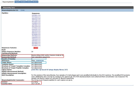 An example of a set of phage display data from the naïve library. New data fields are indicated by red boxes. For the unselected dataset, the corresponding target name is not determined and the round of panning is zero (highlighted by blue boxes).