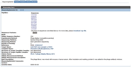 An example of a set of biopannning data with >200 peptides. If a set of biopanning data contains >200 peptides, the sequences features tool is disabled, and only the first 10 peptide sequences will be displayed and the complete data set is available for download via the provided link.