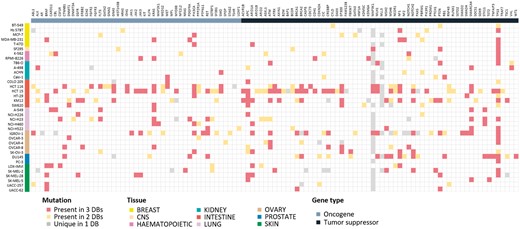 Mutational landscape of 125 driver genes defined by Vogelstein in 36 cell lines. Mutated genes were colored according to overlap in database sources. We omitted 16 genes with no mutations in our cell lines.