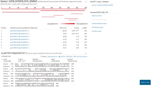 Results page of PVCBlast. The results page of PVCBlast provides the user with the alignments and the ability to download the results in various formats (top right). Among the linkout systems (center), clicking on ‘cICB annotation’ opens the correspondent annotation on PVCdb.