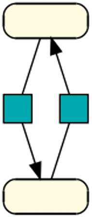 Cycle: This pattern shows the smallest biologically meaningful cycle with 2 species and 2 reactions. The directed black arrow defines a species as a reaction’s product (41). This pattern is contained in 330 models of dataset R29 and in 25 models of dataset R1.