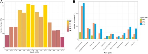 Distribution of unique tRF sequences identified, (A) total number of unique tRFs on the basis of their length, and (B) types of tRFs (tRF-5, tRF-3 and tRF-1) identified for each plant species.