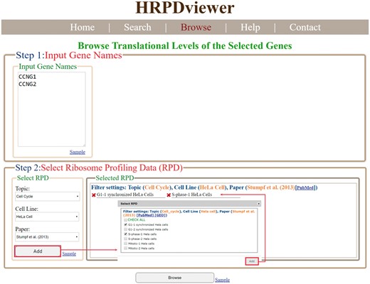 The input page of the browse mode. Users have to input a list of genes and select RPDs to be shown.