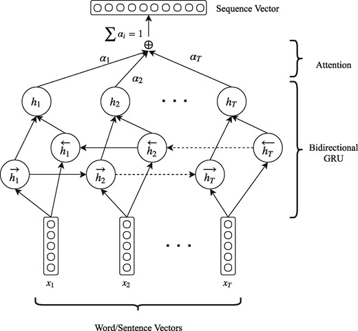 Architecture of our proposed sequence encoder. The same architecture is used for encoding a sequence of word vectors to a sentence vector (sentence encoder) and a sequence of sentence vectors to a document vector (document encoder). When used as a sentence encoder x represent words, T takes values up to N and the output sequence vector is a sentence vector. When used as a document encoder x represent sentences, T takes values up to M and the output is a document vector.