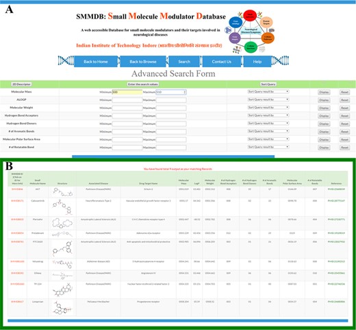 Advanced search. Screenshot showing (A) advanced search form and (B) an example of output of advanced search option.