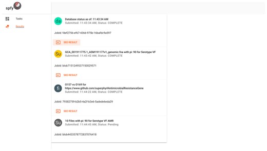 The results interface for submitted tasks. Cards represent individual tasks submitted by the user, such as checking the database status, subtyping of single genomes, population comparisons or subtyping of multiple genomes.