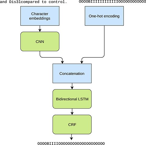 Illustration of the tested character level neural NER model. The inputs are a character sequence (a sentence) and the corresponding IOB tags from the NERsuite model converted to character level. The used example phrase demonstrates the tokenization issue as ‘Dis3lcompared’ is missing a word boundary and as a result is tagged as an entity as a whole in the NERsuite system. The neural model aims at detecting only the span ‘Dis3l’.