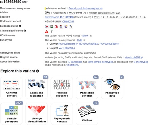 A variant summary view for rs148698650 that displays the global minor allele frequency from the 1000 Genomes Project, other variants at the same location and links to projects providing additional information about the variant. URL: https://www.ensembl.org/Homo_sapiens/Variation/Explore?v=rs148698650