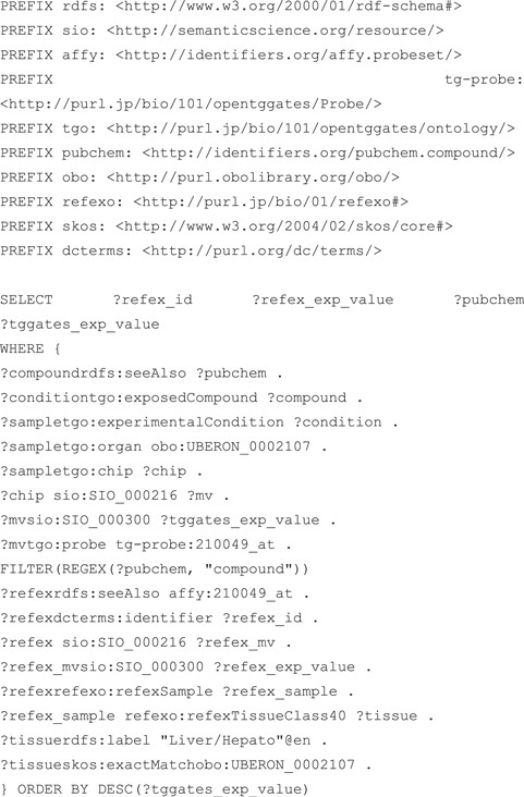 SPARQL query that performs an integrated search of the RefEx and KERO RDFs. Both RefEx and Open TG-GATEs RDF include transcriptome data measured using the same GeneChip technology and use the RDF model defined in guideline 11 to describe measured numerical data.
