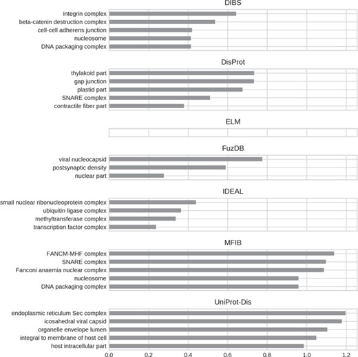 Top five enriched cellular component GO terms. Only high-level terms are shown to improve readability (see Materials and Methods). The x-axis represents the fold increase compared to the background.