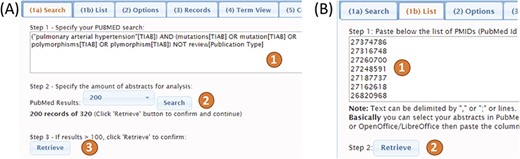 Input methods for PubTerm. (A) Using a PubMed query in (1), specifying the number of records (2) and loading them up (3). (B) Using a list of PubMed IDs in (1) then loading them in (2).