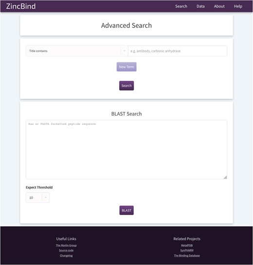 The ZincBind search page. This allows the user to search the database by a particular property, such as PDB title or resolution limit, and also offers the option to BLAST search the zinc-bearing chains in the database. On the resultant search page, there are options to sort the returned results by a number of metrics.