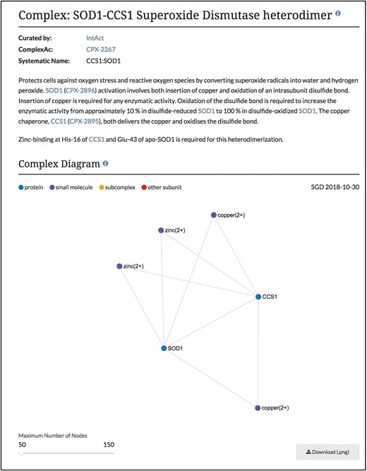 Summary and diagram sections of SOD1-CCS1 superoxide dismutase heterodimer page. Summary section that describes the function and composition of the SOD1-CCS1 superoxide dismutase complex. Individual interactions between subunits are shown in the Complex Diagram section. Complex diagrams can be downloaded as .png files. Complete page at www.yeastgenome.org/complex/CPX-2267.