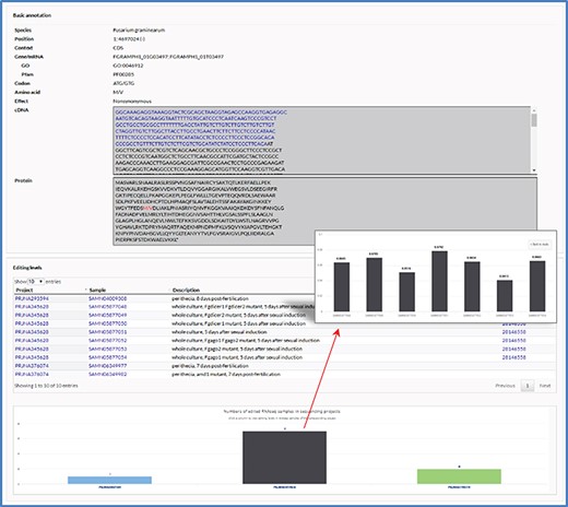 The editing detail page. The editing detail page comprises two sections of information for the editing site, including annotation of editing site and editing levels in RNA-seq samples.