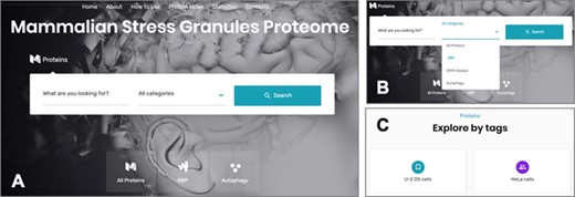 (A) The online interface of the database, detailing the landing page with the search form and the different pages. (B) The different options to narrow the search. (C) The possibility of accessing the listed components through different tags.