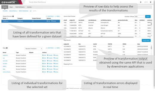 Data mapping user interface. This application allows data managers to view the raw data as it is persisted in the NoSQL store, specify individual transformations to map the raw data to the desired output, execute those transformations sequentially and view the output. Errors identified in the transformation process often highlight ambiguities or missing elements in the specifications.
