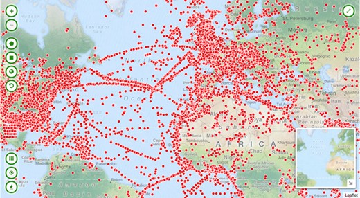 Interactive map visualizing over one million geocoded collection objects.
