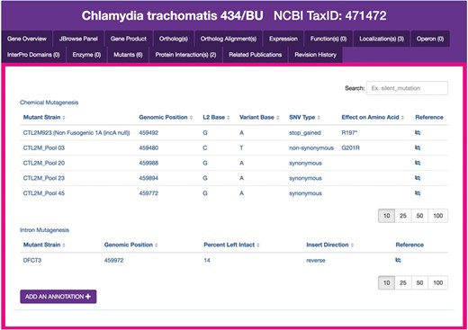 Chlamydia mutants module. Sample display of mutants for CTL0374 IncA, containing five mutant strains generated by chemical mutagenesis. The tabular view of chemical mutant strains displays strain names, genomic positions of mutations, the L2 reference and variant bases, SNV type, effects of each mutation on the respective amino acid sequences and a link to the publication reference. `Add an annotation’ opens a form for the submission of new mutant entries to ChlamBase.
