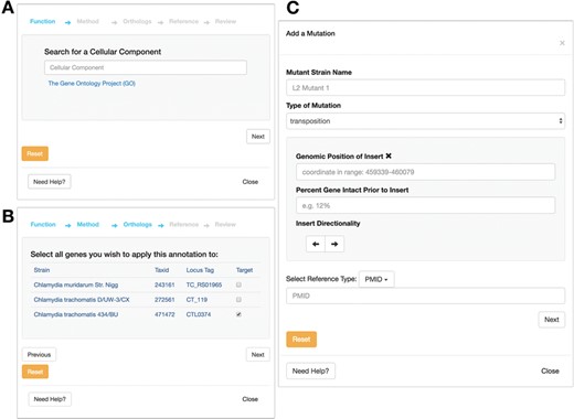 Annotation submission forms for ChlamBase. The GO form prompts the user to submit information for (A) GO term, typeahead enabled and the method used for determination (i.e. inferred from experiment and inferred from sequence orthology); (B) the ability to map the GO annotation to orthologous strains, and the PubMed reference used as the experimental basis for this annotation. (C) Mutant annotation form asks the user to submit information for: (i) mutant strain name, (ii) mutation type (i.e. chemical mutagenesis or transposon mutagenesis) and (iii) the PubMed or FigShare reference that serves as the evidence for the annotation. Additional mutant information is available for entry depending on the mutation type chosen by the user.