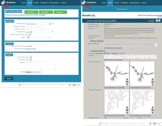 Snapshots of the rPredictorDB input (a) and output (b) interface. The searched RNA is Sus scrofa 18S rRNA.