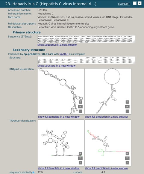 A snapshot of rPredictorDB output for Hepacivirus C IRES HCV RNA. Panels (a) and (c) show secondary structure of the template (Hepacivirus C IRES HCV RNA PDB ID 5A2Q) displayed by RNAplot and Traveler, respectively. Panels (b) and (d) show secondary structure of Hepacivirus C IRES HCV RNA with acc. # U23386 predicted using Hepacivirus C IRES HCV RNA PDB ID 5A2Q as a template, displayed by RNAplot and Traveler, respectively.