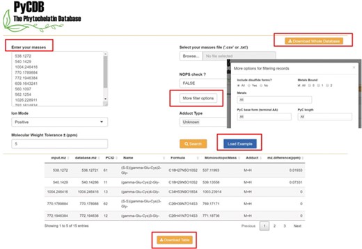 Screenshots of the web version of the PyCDB. Query masses of interest can be entered manually or uploaded from a .csv or .txt file. Screenshot of an example search using the `Load Example’ button with the default search settings and the output shown below. The output can be reviewed on the webpage or downloaded as a .csv file for future use. The webpage also provides an option to `Download Whole Database’ for use with other annotation tools such as the R package, xMSannotator.